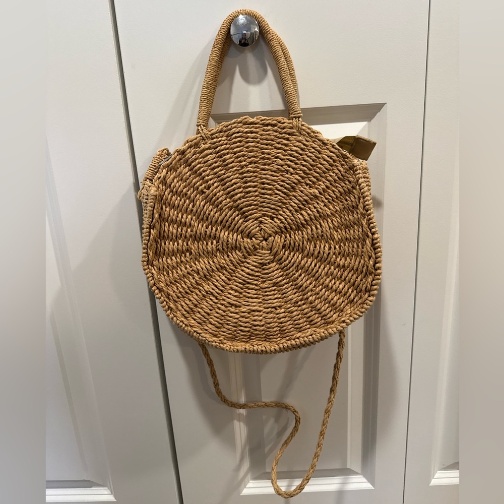 Tan Woven Round Crossbody Bag